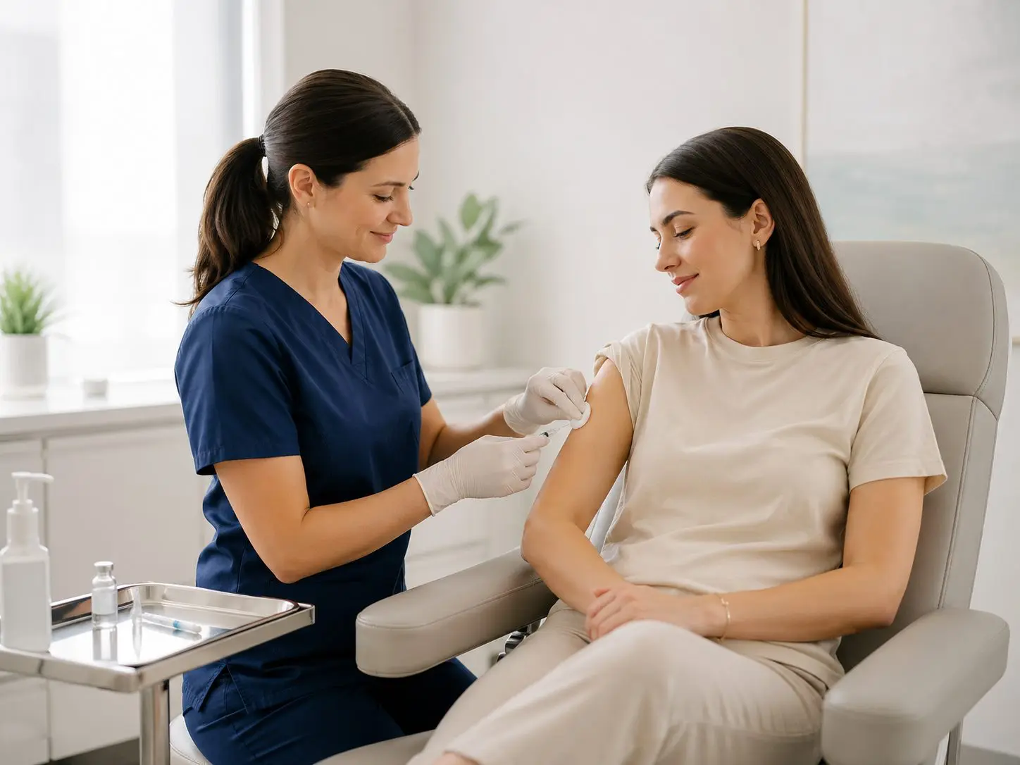 Healthcare provider administering an injection to a patient's arm in a clinic setting