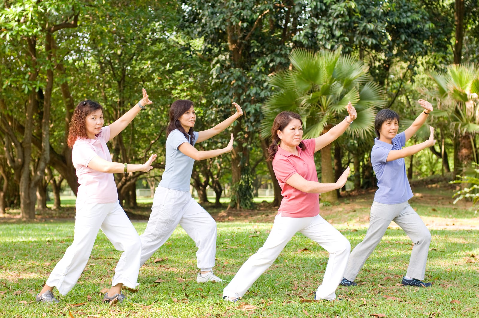 A group of asian ladies exercising in the park