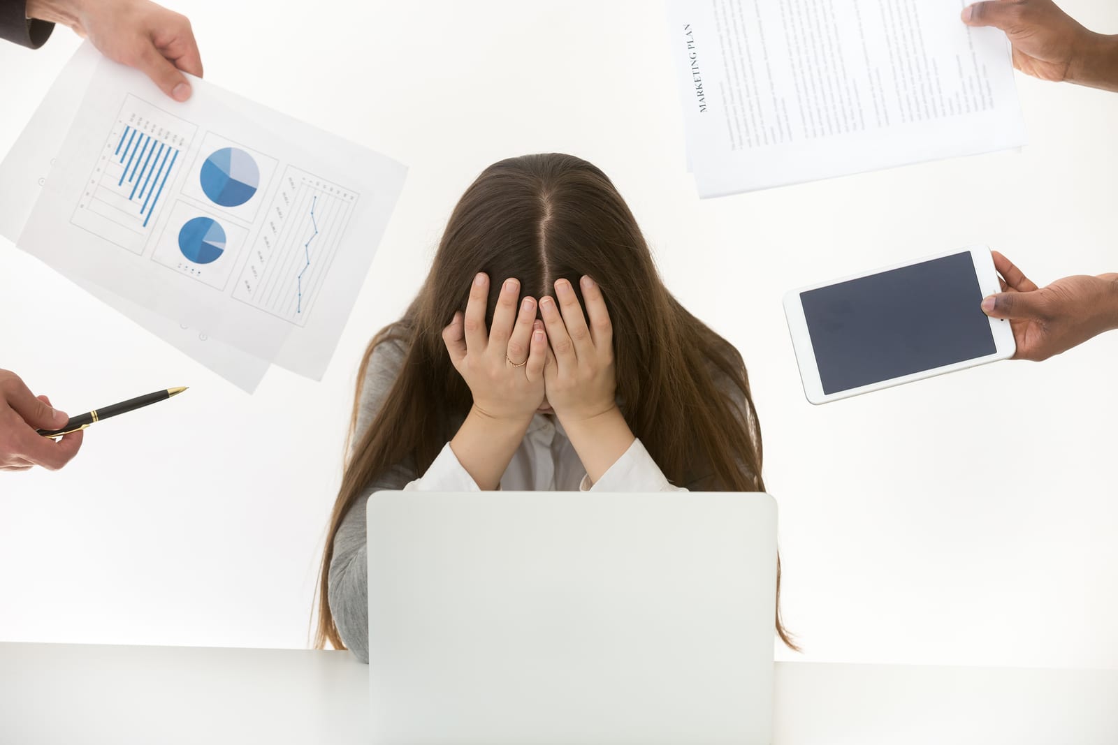 Stressed Frustrated Businesswoman Feels Exhausted At Multi Task